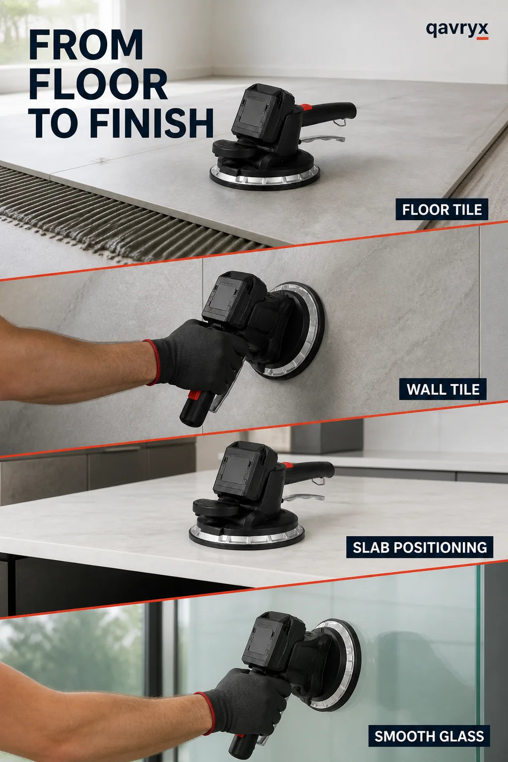 Tile vibrator shown across floor tile, wall tile, slab and smooth surface applications