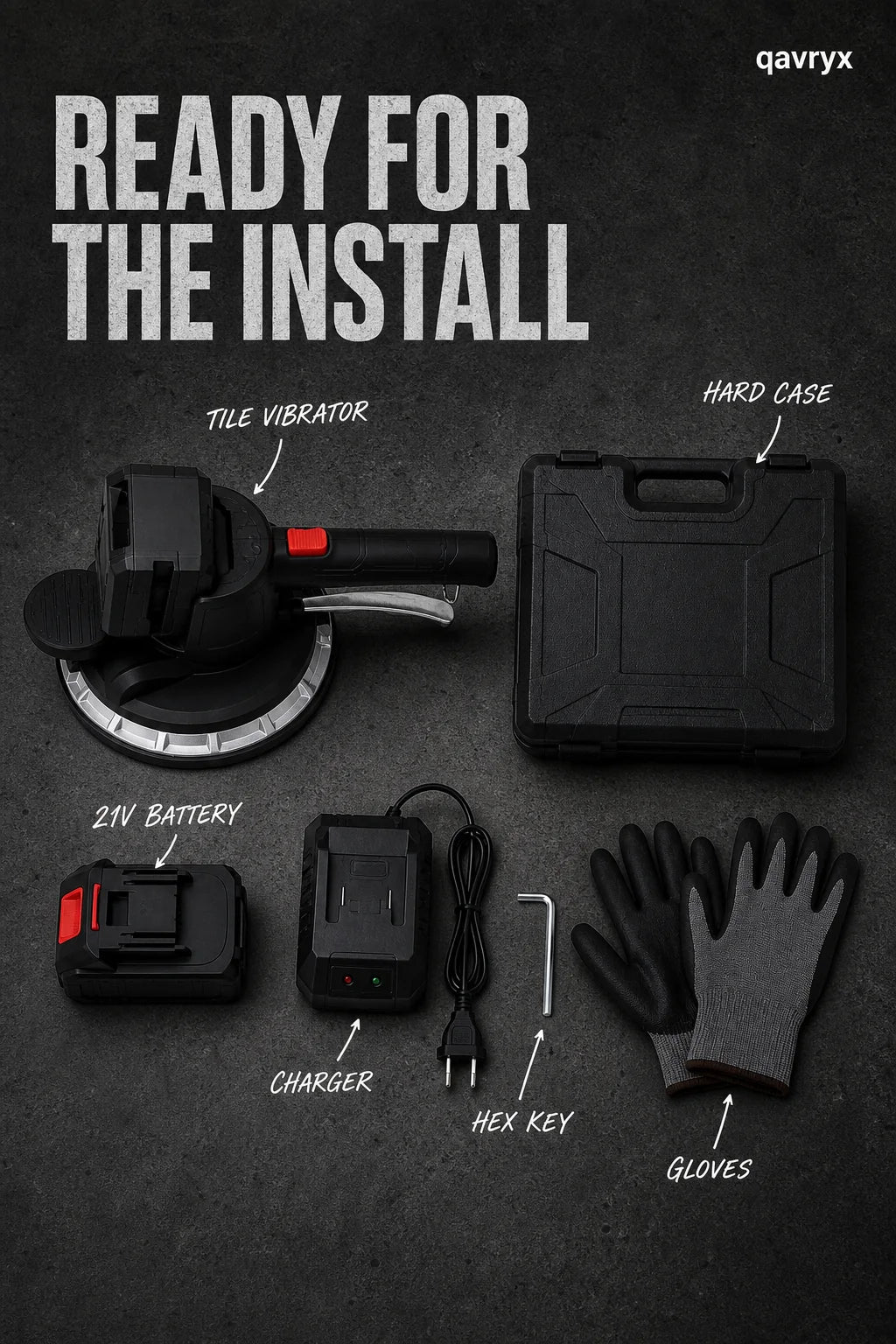Tile vibrator kit arranged with battery, charger, case, hex key and gloves