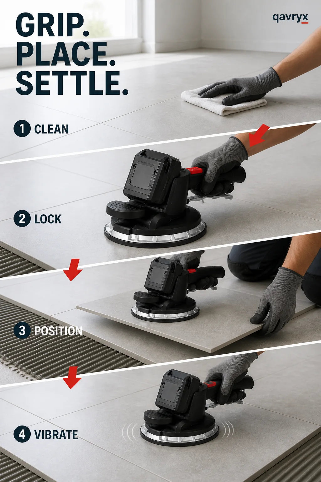 Four-step clean, lock, position and vibrate workflow