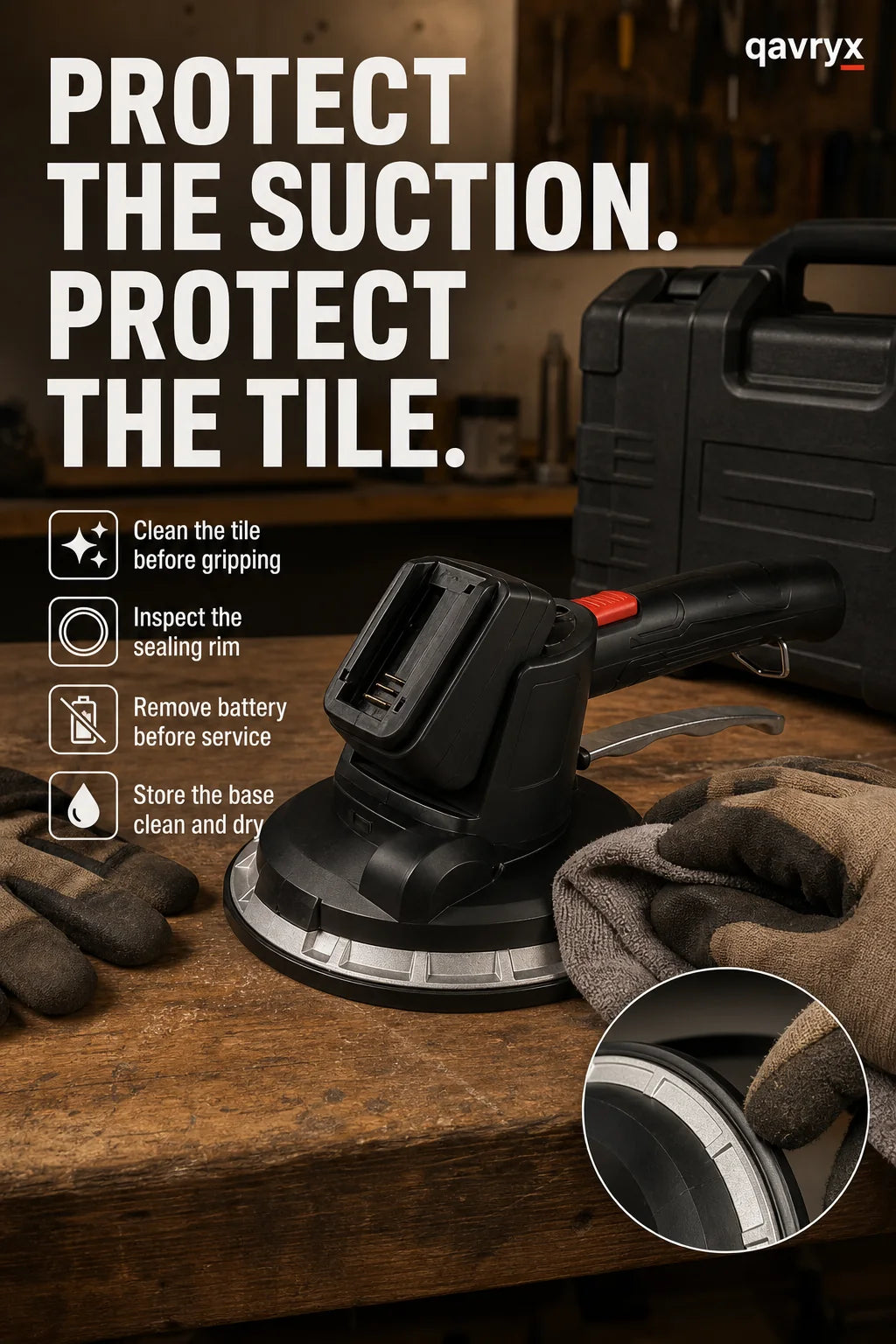 Tile vibrator suction and tile care guidance