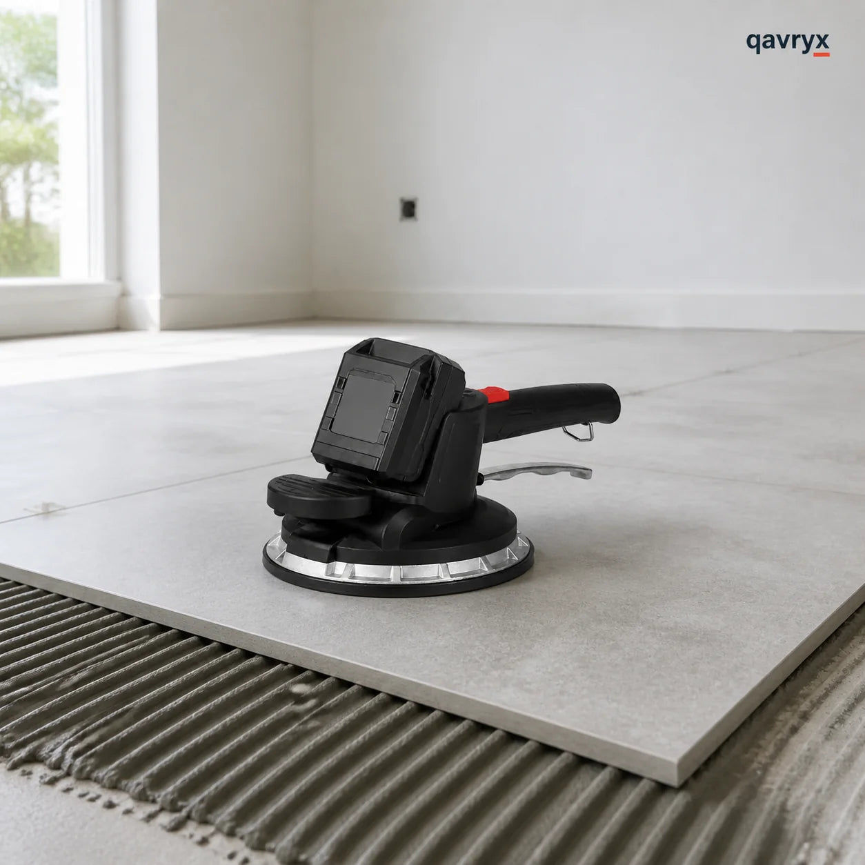 QAVRYX tile vibrator positioned on a large floor tile during installation