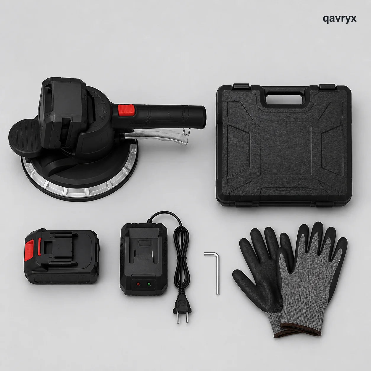 QAVRYX tile vibrator kit with battery, charger, case, hex key and gloves
